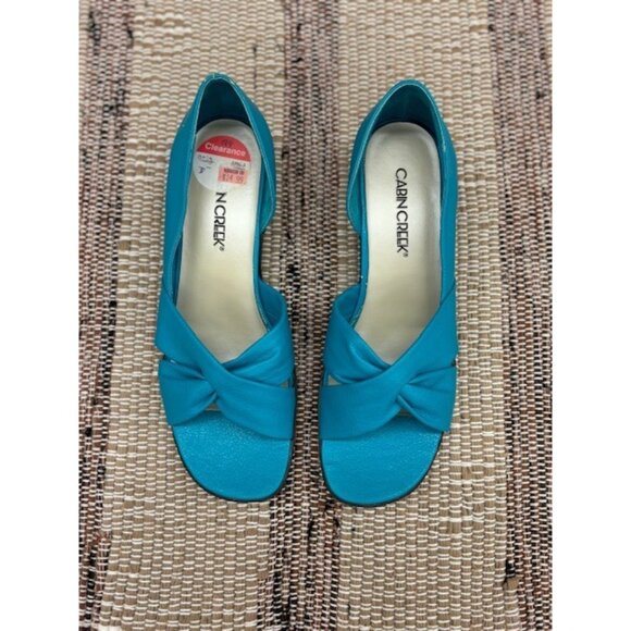 Cabin Creek Turquoise Open-Toe Sandals 7.5M Faux Leather Cushioned Low Wedge Sli - Picture 4 of 7